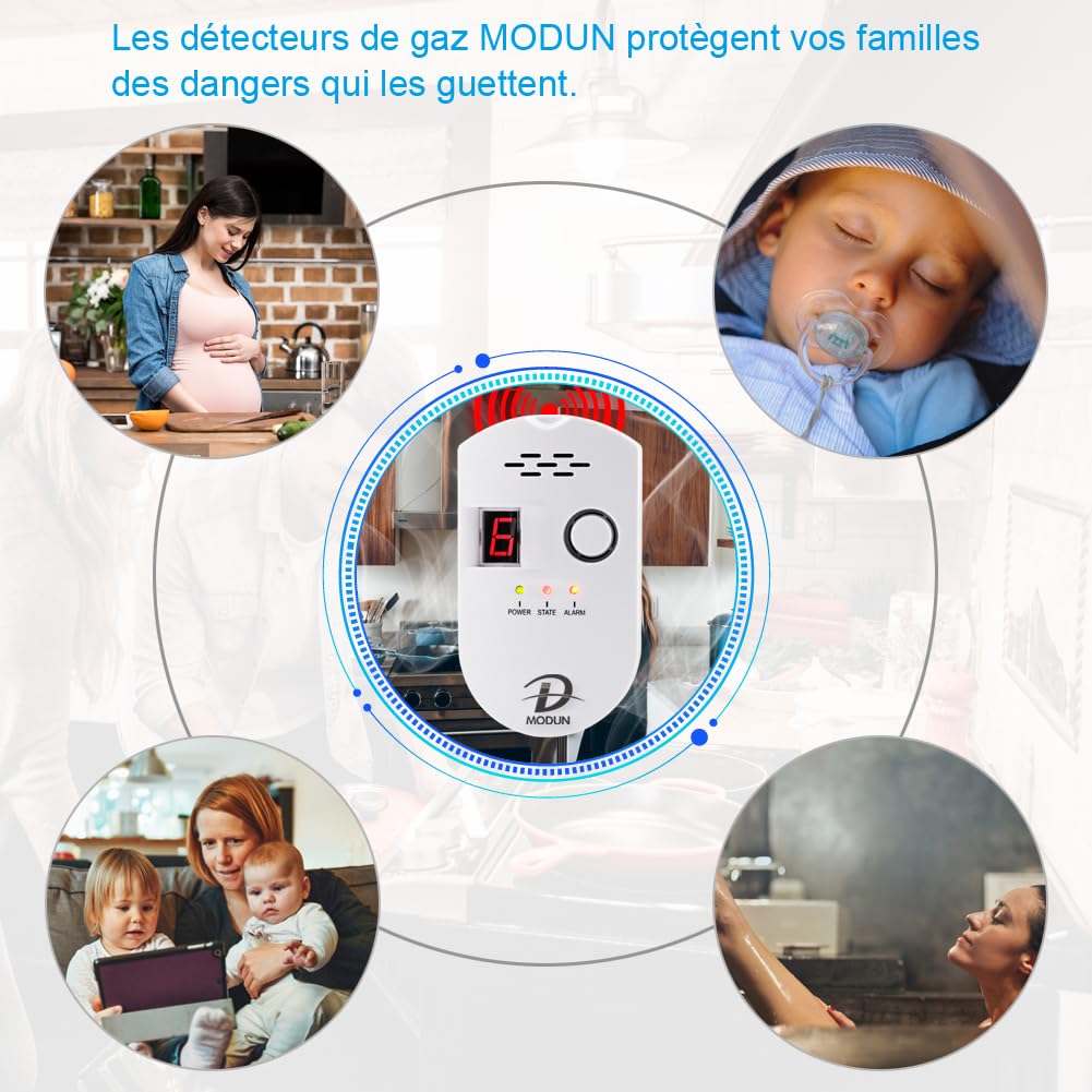 D MODUN - Détecteur de Gaz, Moniteur de fuites de Gaz Naturel/GPL/Charbon, avec Alarme sonore et Affichage numérique LED Détection Le Méthane Propane Butane, Convient pour Cuisine Camping-Car Garage