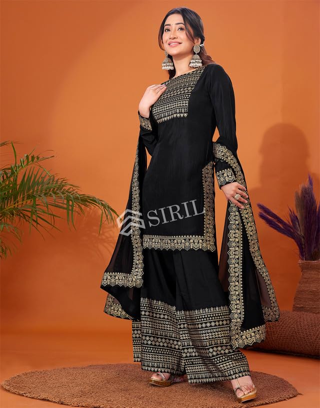 Image of SIRIL Women's Rayon Suit Set for Women | Foil Printed Kurta with Sharara & Dupatta | Straight Kurta Set