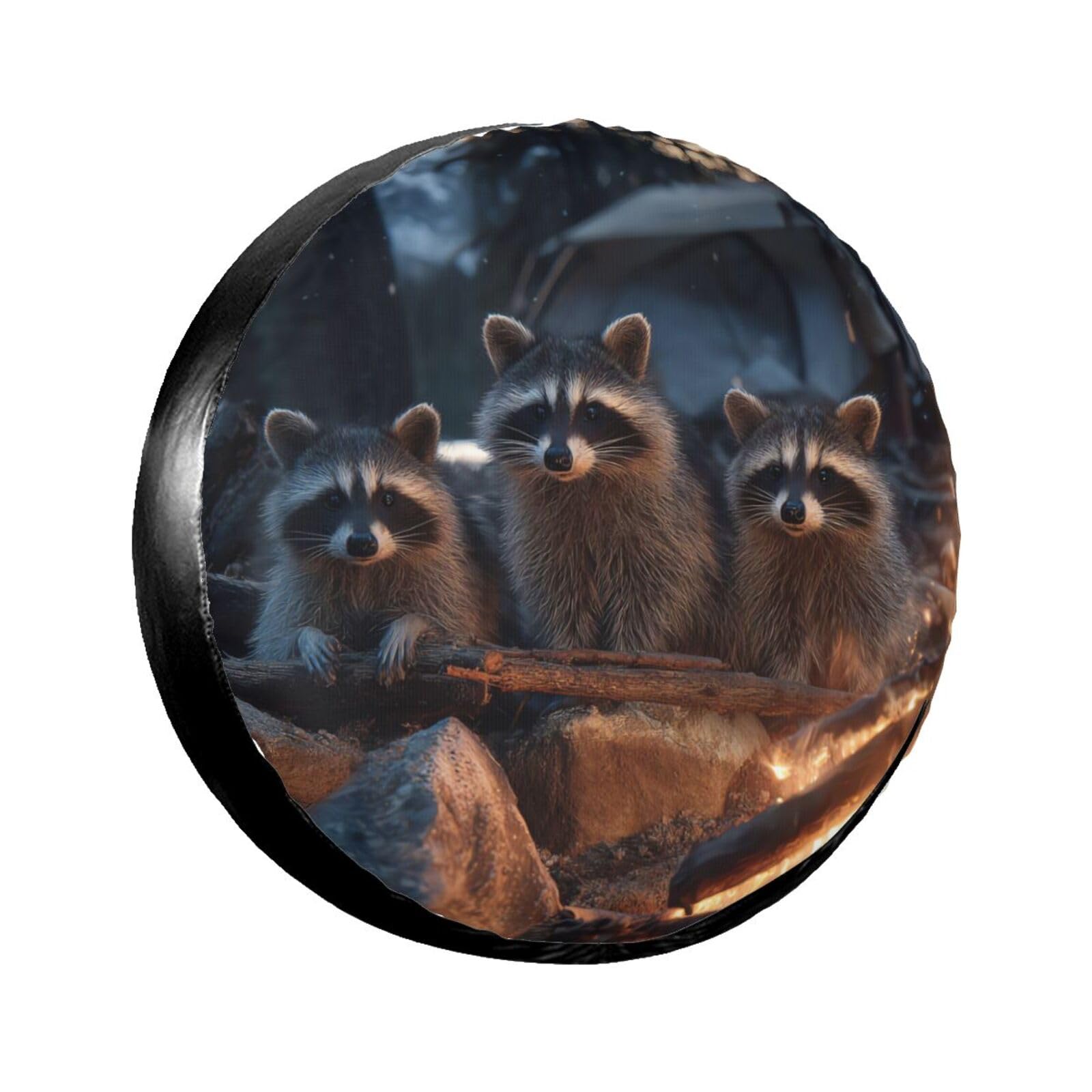Camping Raccoon Party Spare Tire Cover for Rv SUV Truck Camper Trailer,Cute Animal Tire Cover Wheel Covers Universal Fit,16 inch