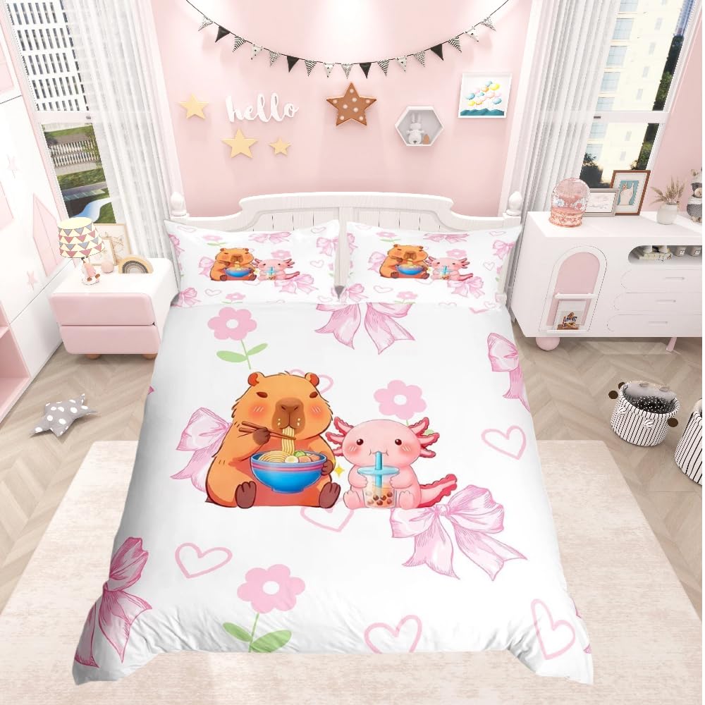 Parure de lit fille capybara et axolotl pour décorer une chambre double rose