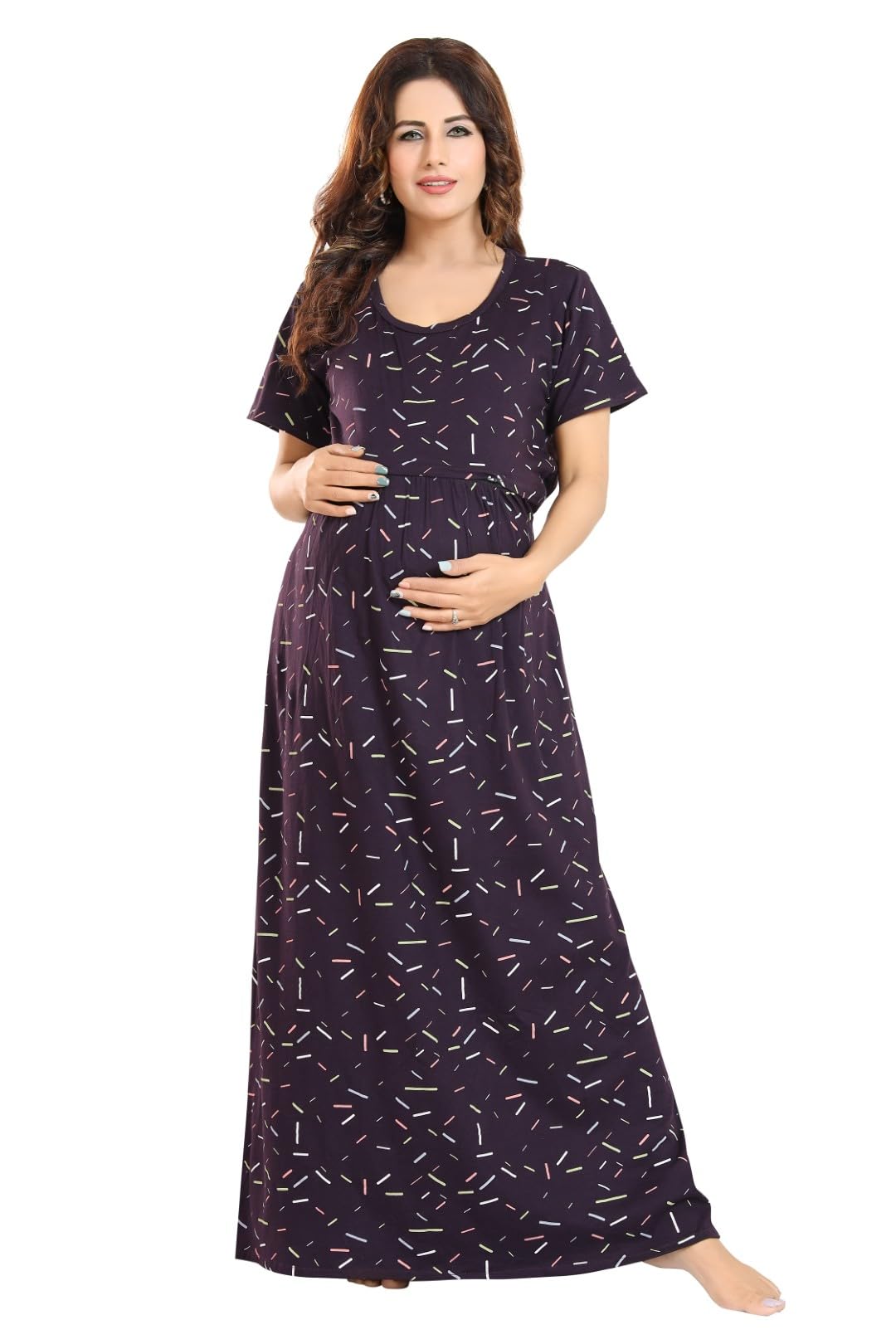 Women's Full Length Printed Pre and Post Pregnancy Pure Cotton Nursing Nightdress Nighty