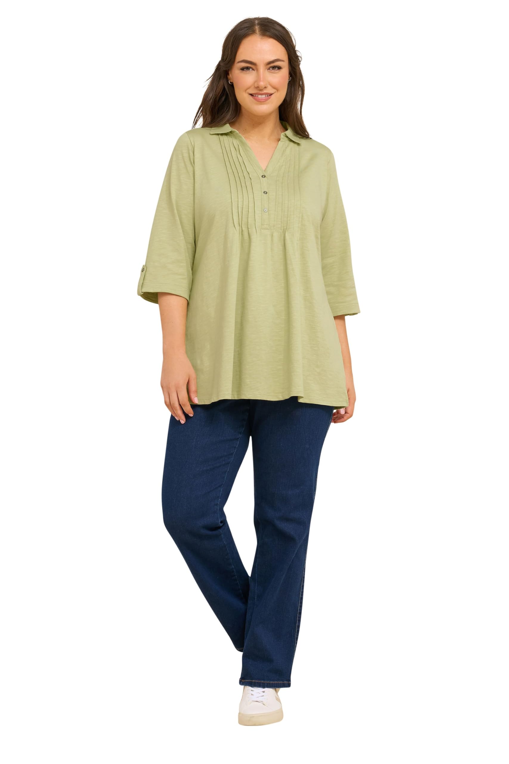 EVANS Curve Premium Sage Green Pintuck Henley Top - Women's - Plus Size Curve