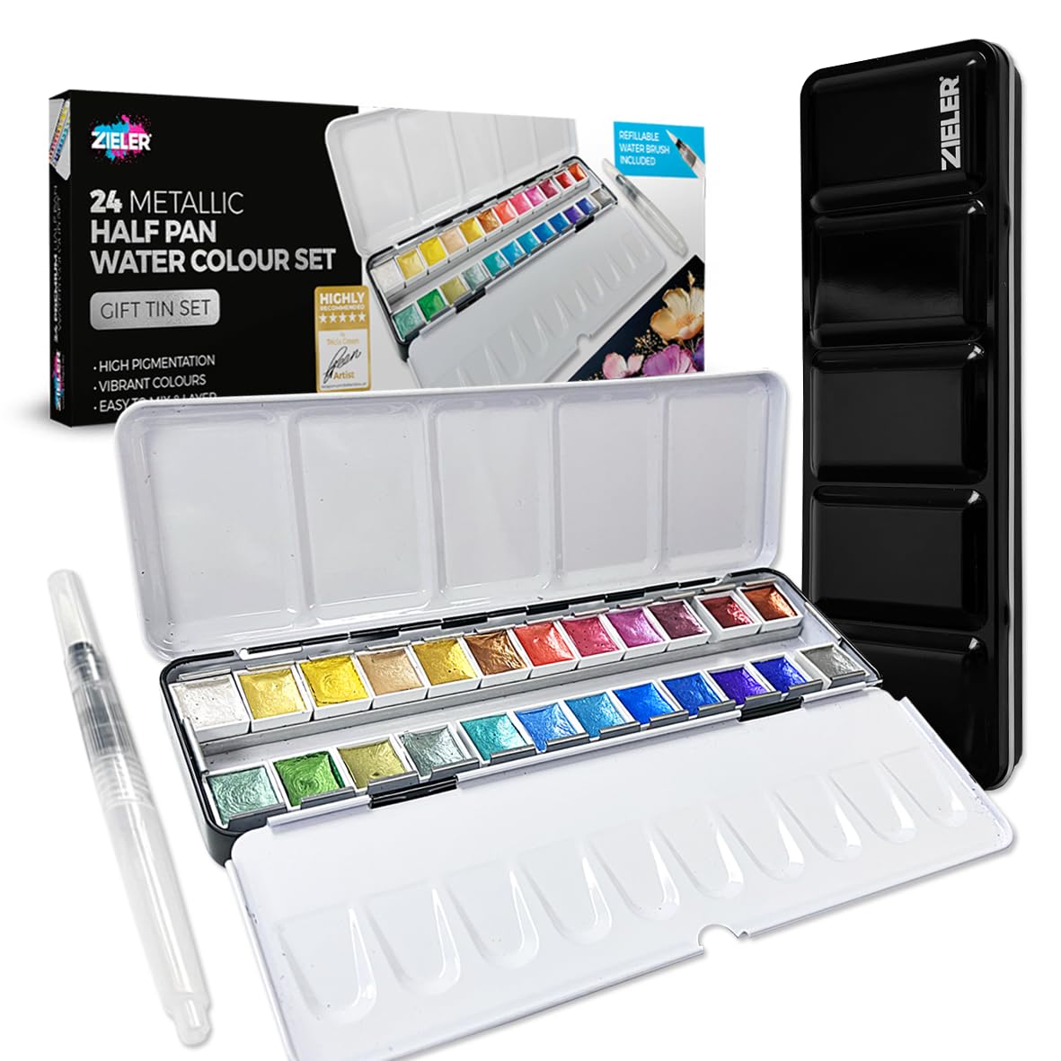 Zieler Black 24 Metallic Half Pan Watercolour Gift Tin Set With Refillable Water Brush