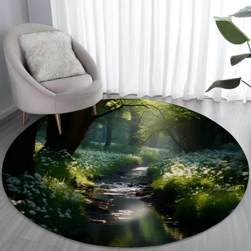 Spring Forest Round Rug 4 ft - Washable & Non-Slip Soft Woodland Botanical Circle Rugs for Office Chair, Jungle Tree Design, Low Pile Indoor Area