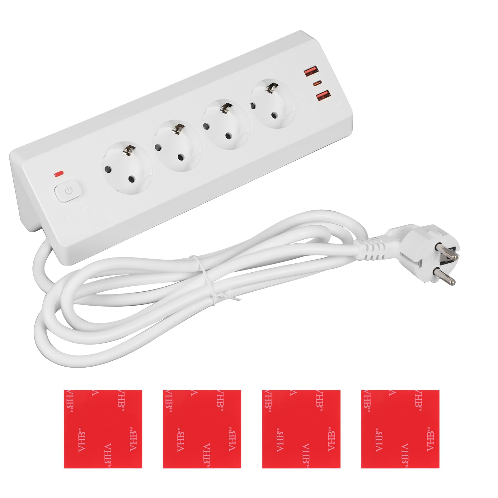 Multiprise d'angle avec 2 ports USB et 1 type C, 4 prises, avec interrupteur, câble de 1,8 m, prise d'angle, prise de table, convient pour la cuisine, la chambre à coucher, sous la table (blanc)