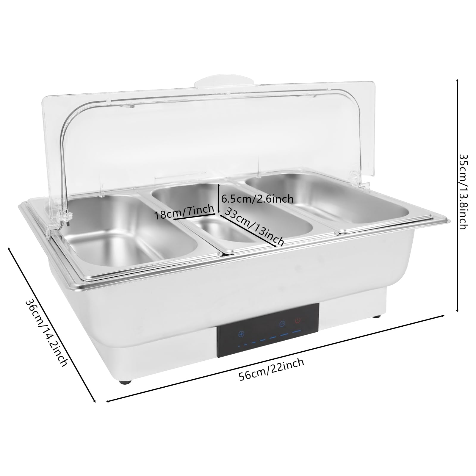 Chafing Dish, scaldavivande elettrico in acciaio inox, per buffet, 9 l, in acciaio inox, 35 ~ 90 ℃, 600 W, per catering party (3 contenitori da 1/3 GN)