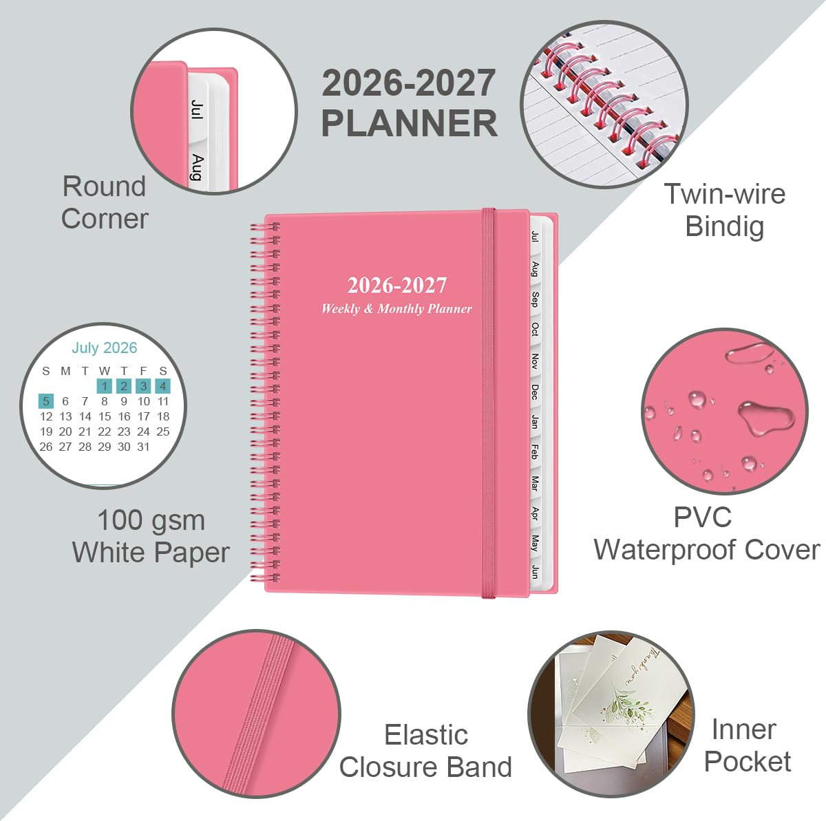 Planer akademicki 2025-2026, od listopada 2025 do grudnia 2026, z 12 zakładkami miesięcznymi, elastyczną osłoną, kieszenią wewnętrzną, 21,6 x 28 cm, różowy-B