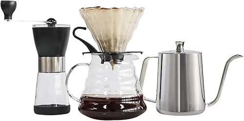 Miniatura 5 de SOTECH Juego de cafetera con cuello de cisne negro, soporte de filtro de madera, gotero de café, servidor de vidrio con filtros de café de papel,