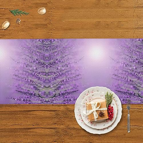 Chemin de table violet lavande 152 cm avec pompons pour table basse