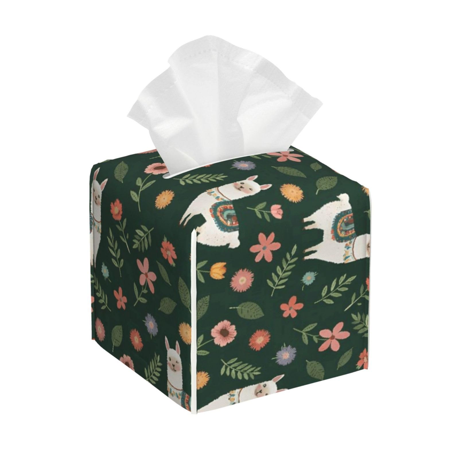 Boho Bohemia Llama Leather Tissue Box Cover Holder Square Facial Paper Organizer 5.2" X 5.2" X 5.2"