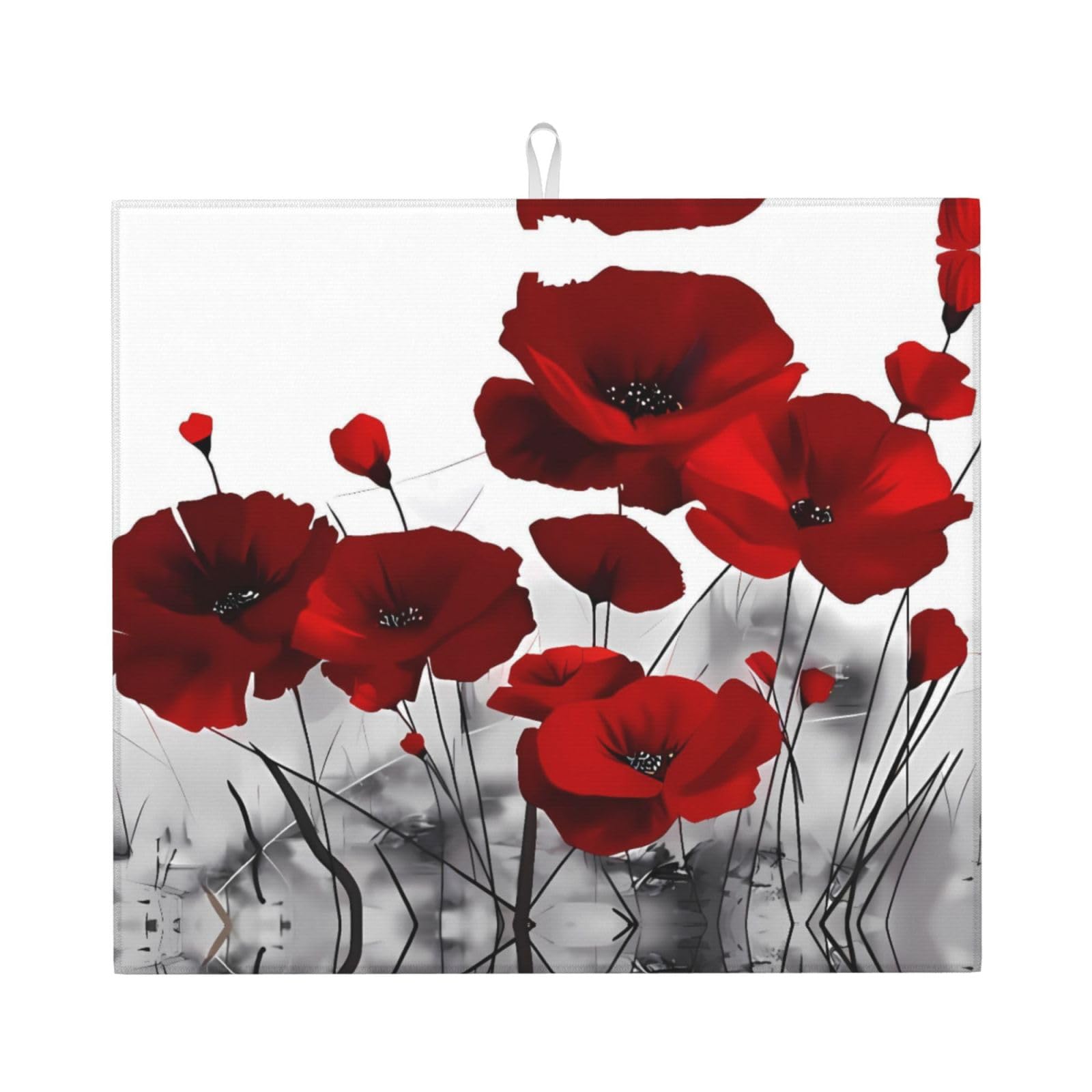WHJSSF Red Poppy Flower Prints Kitchen Drying Mat - Absorbent Dish Drying Throw with Colorful Prints, Quick-Dry Countertop Layer for Dishes & Appliances - Non-Slip & Foldable