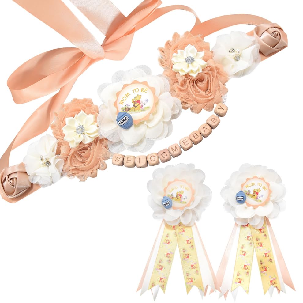 HAPPYLAND Teddy Bear Baby Shower Decorations Set Mommy to be Daddy to be Corsage Baby Shower Peach Sash and Tinplate Badge Pin Mommy Sash Pregnancy Maternity Sash to Be Baby Shower Belt Sash Keepsake