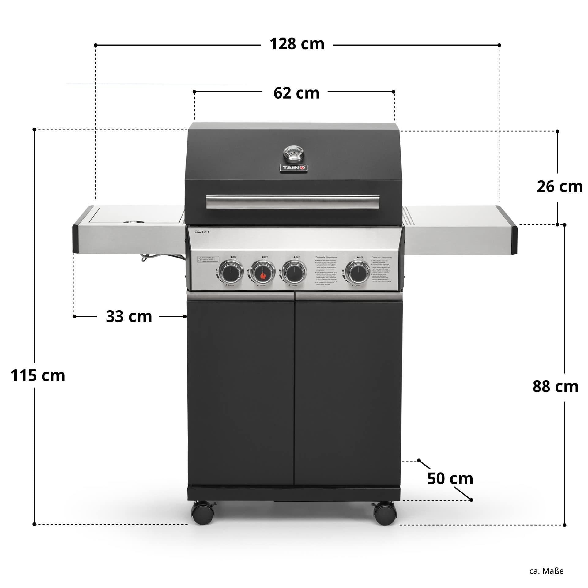 TAINO BLACK 3+1 Gasgrill 3 Brenner mit Seitenkocher und Keramik Sear-Burner Seitenbrenner Matt Schwarz