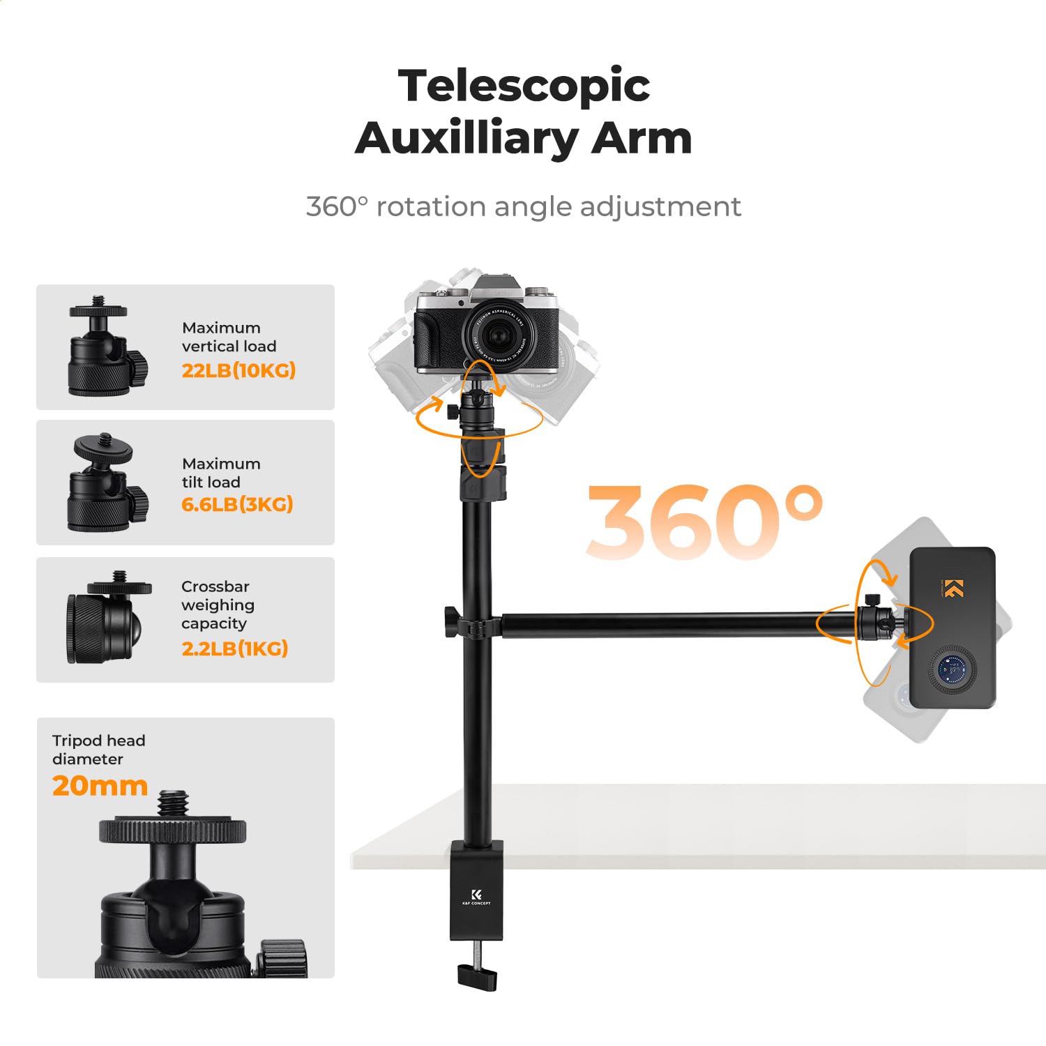 K&F CONCEPT Uchwyt stołowy do aparatu fotograficznego 14-40" z zaciskiem telefonicznym, głowica kulowa i śruba 1/4-3/8" i zacisk C i uchwyt na statyw na telefon komórkowy, regulowany aluminiowy statyw