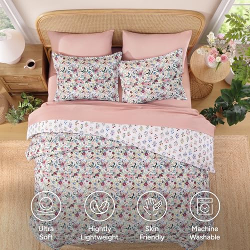Image of Andency Queen 7 Piece Reversible Comforter Set, Floral Bedding Set,Pink | Botanical Floral Bed in a bag, Double-sided,90 inchx90 inch, All Season Use, Farmhouse Vintage Rustic Down Alternative for Bedroom