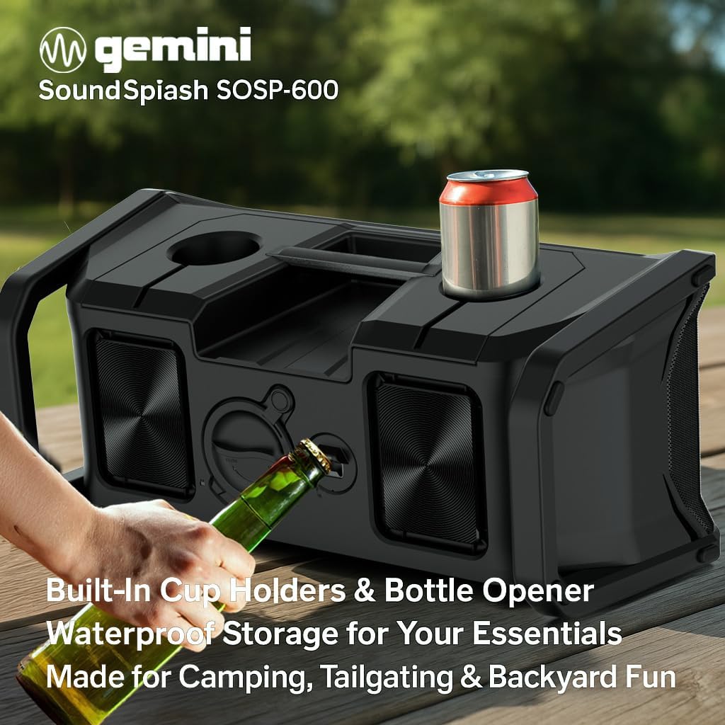 A hand opening a bottle with the built-in bottle opener on the Gemini SoundSplash SOSP-600 speaker, which also features cup holders.