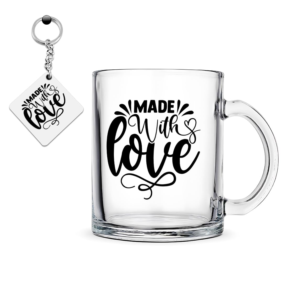K1Portal Transparent Glass Mug for Coffee, Love Printed, Crystal Clear Glass, Comes with Keychain, 325 ml, 10.5 cm (H) x 8 cm (W), Reusable, Dishwasher & Microwave Safe