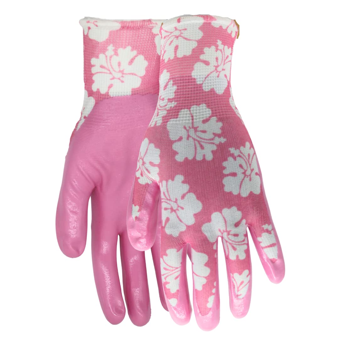 Red Steer A209 Flowertouch Lawn & Garden Gloves, Nitrile Palm, Pink or Purple Flower Design, Sizes S-L, Sold by Pair (Purple, Small)