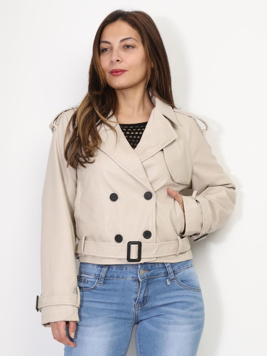 La Modeuse - Giacca stile trench in finta bavolet con cintura, beige, L