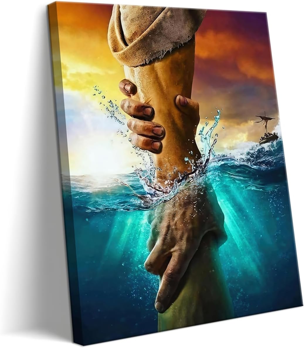 Framed Jesus Christian Canvas Wall Art, The Hand of God Jesus Reaching Into Water Religious Wall Decor Paintings, Blue Ocean Bible Pictures Posters Prints for Church Living Room Bedroom 16x24 Inch