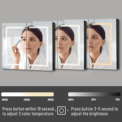 Miniatura 4 de Karl home Botiquín de baño de 28 x 20 pulgadas con espejo LED armario de baño regulable montado en la pared de 3 colores con estantes de