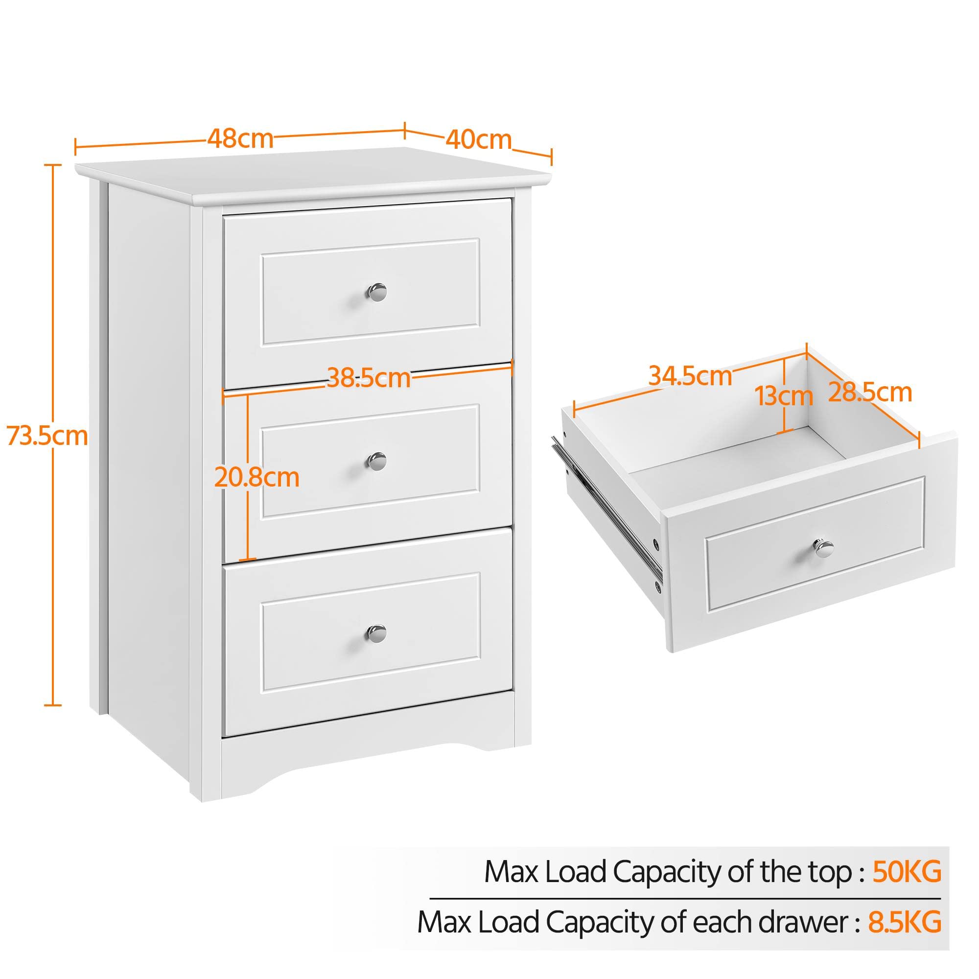 Yaheetech 2pcs Mesillas de Noche con Tres Cajones Mesitas de Noche Alto | Organizador de Almacenamiento, 48 x 40 x 73,5 cm, Color Banco