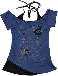 Emo Grunge Shirts Women 2000s Graphic Baby Tees Short Sleeve Vintage Y2k Crop Tops Fake Two Piece Alt Clothes