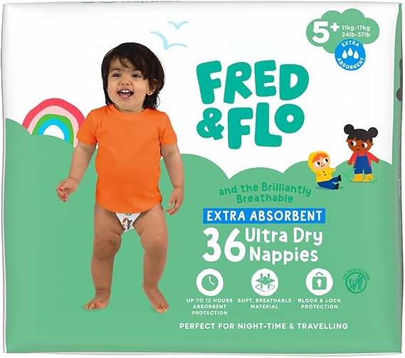 Fred & Flo Size 5+ Nappies 36 Pack + 60 Fragrance Free Baby Wipes