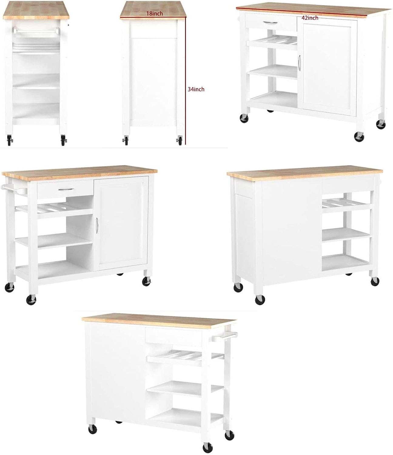 AIZYR Kitchen Island on Wheels - Rolling Kitchen Island Cart with Wood Top, Storage Wine Shelf, Cabinet, Handle Rack Drawer,White