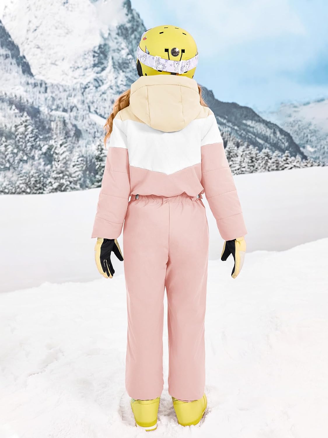 Haloumoning Girls One Piece Snowsuits Kids Puffer Waterproof Hooded Ski Suits Coveralls Winter Jumpsuits 5-14 Years