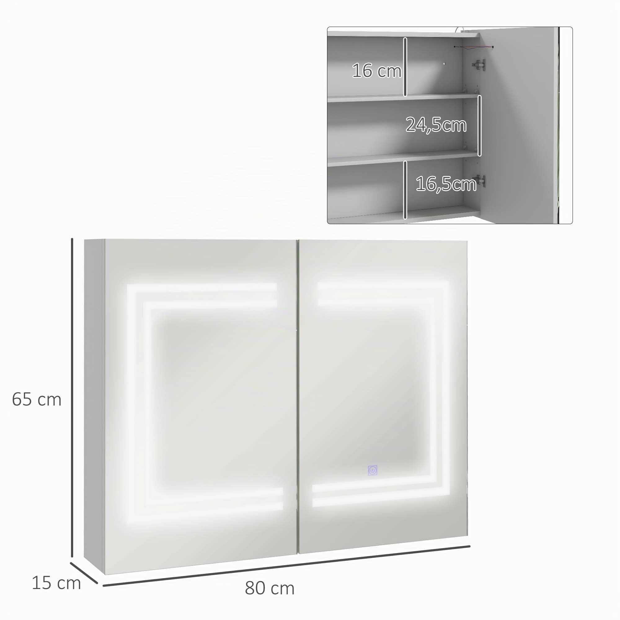 kleankin Armario de Baño con Espejo LED 80x15x65 cm Blanco Brillante | Camerino de Baño, Color de Luz Ajustable, 2 Puertas, Estantes Ajustables, Interruptor Táctil
