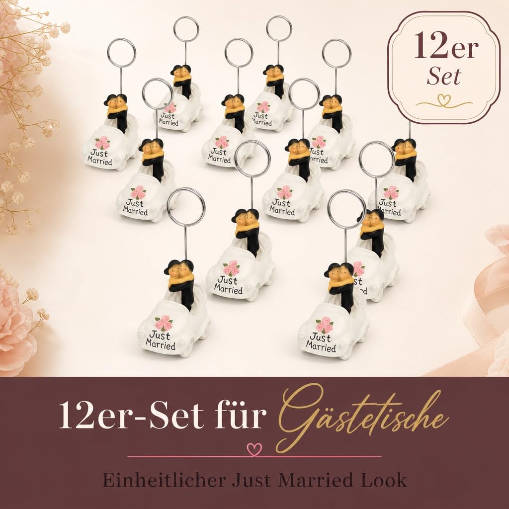MIJOMA Lot de 12 porte-cartes de table de mariage Just Married Voiture avec couple de mariés – Décoration de table de mariage Porte-cartes de place en polyrésine peinte à la main 8 cm de haut