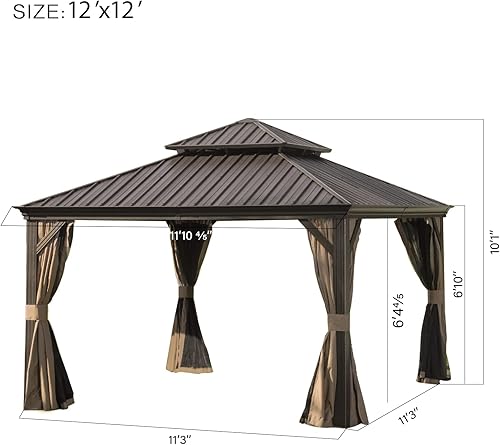Miniatura 5 de Domi - Cenador permanente de aluminio para exteriores de 12 x 12 pies con techo de acero galvanizado, cortinas y red, para patios, patio trasero,