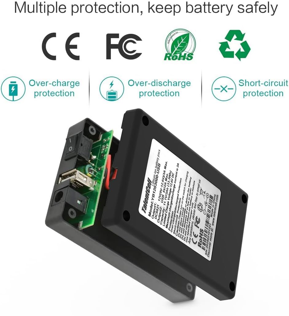 Talentcell Rechargeable 12V 3000mAh Lithium ion Battery Pack for LED Strip, CCTV Camera and More, DC 12V/5V USB Dual Output External Battery Power Bank with Charger, Black - Image 3