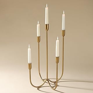 Perfnique 5-Candle Iron Candelabra, 17 Inch Antique Brass Gold Candle Ho...