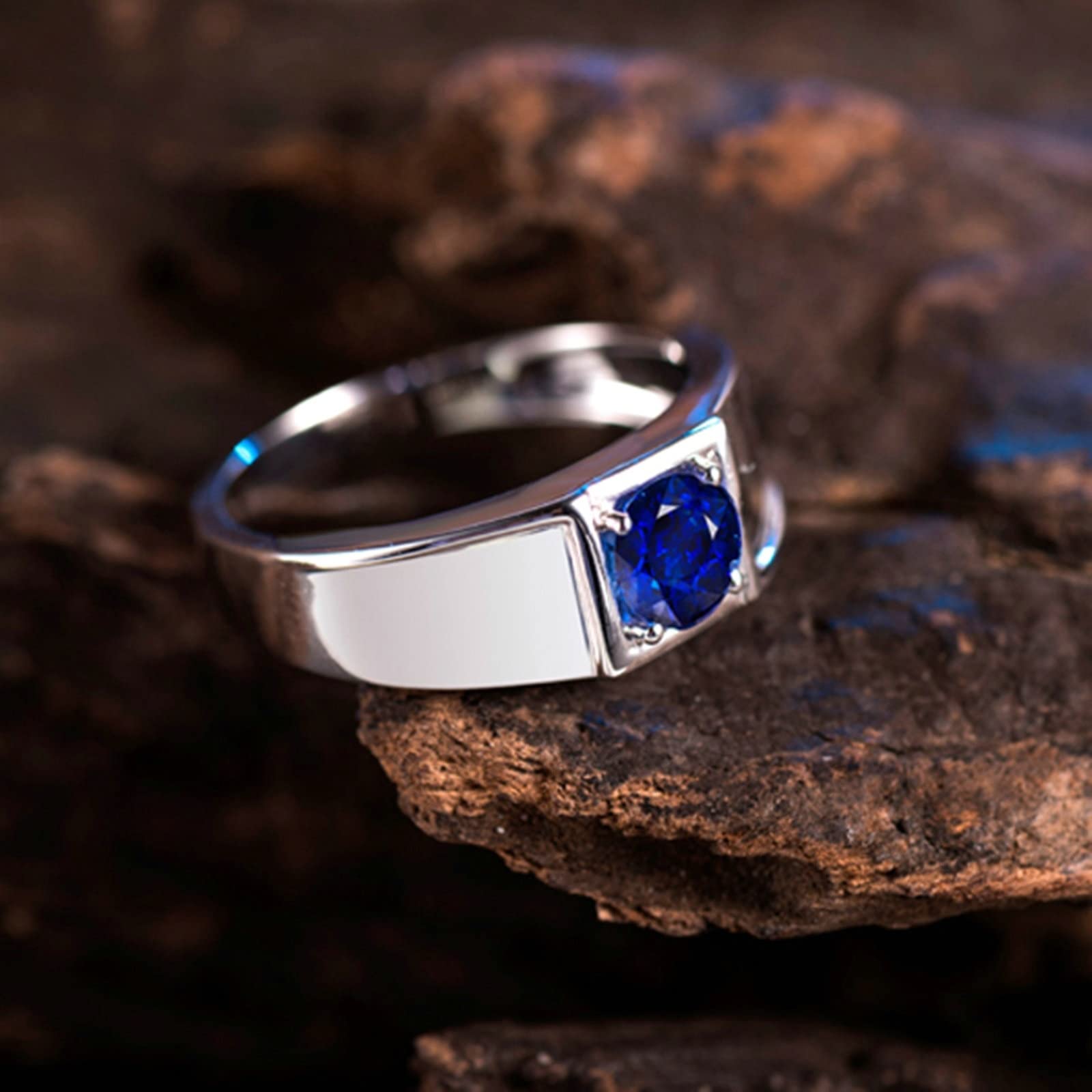 AMDXD Anillo de compromiso de oro blanco 750, 4 garras, anillo solitario ancho con zafiro azul de 0,95 ct, joyería regalo de cumpleaños para hombre
