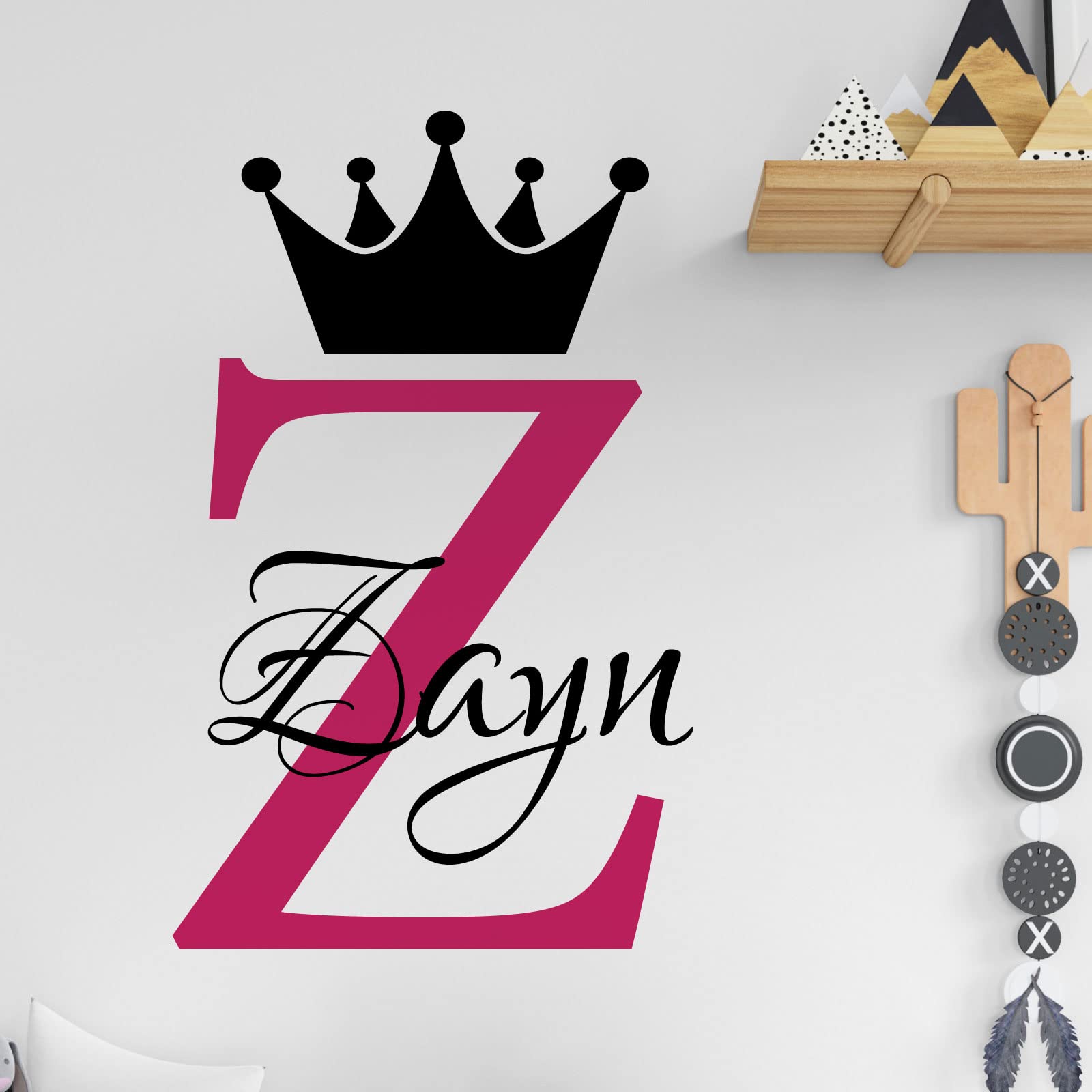 Personalised Name Baby Prince Princess Decal Wall Sticker - Initial Letter Crown [Large] [Magenta]