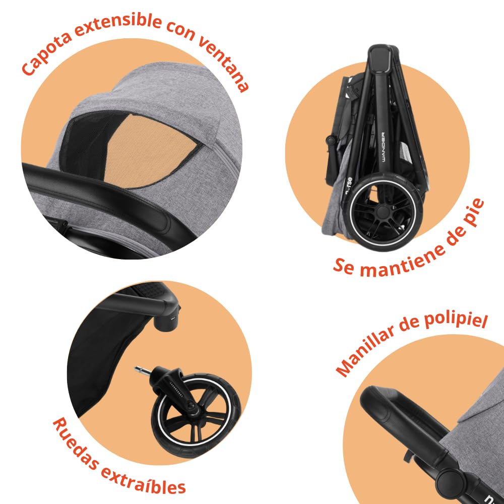 Nurse Wander C Trio Carrito de Bebé 3 en 1, Capazo Convertible en Hamaca y Silla de Coche i-Size, Plegado Compacto, con Accesorios, Gris
