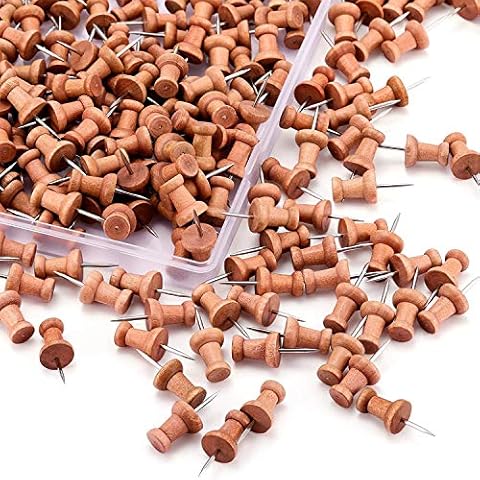 [110 Pcs-Upgrade] BOODON Wood Push Pins,Wooden Creative Drawing Pin Decorative Thumb Tacks Wooden Head with Steel Pins for Cork Notice Board Map Photos Home School Office Craft Projects,Natural Color Cover