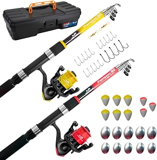 Kit de Pesca Completo com 2 Varas Telescópicas e 2 Molinetes com Linha, Anzóis, Boias, Chumbadas, Giradores e Maleta Combat 5060 - Cores Sortidas