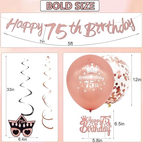 Miniatura 7 de WOJOGO Decoraciones de cumpleaños número 75 para mujer, decoraciones de cumpleaños número 75 de oro rosa para mujer, pancarta de feliz cumpleaños 75