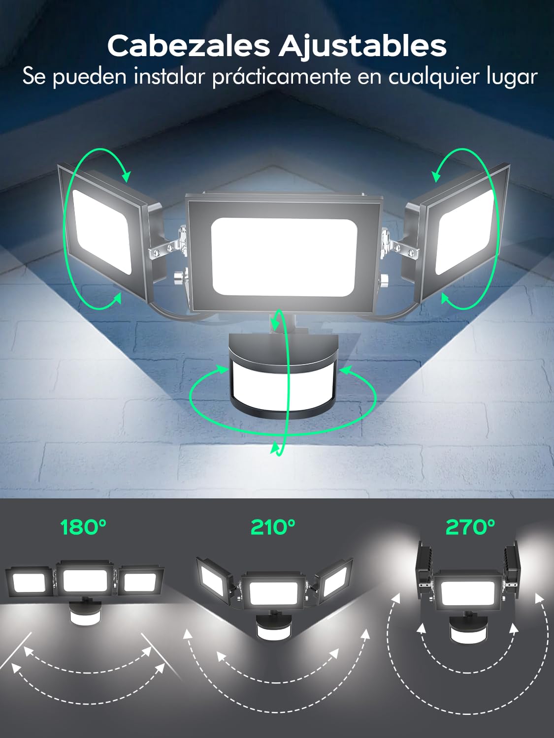 Projecteur LED avec détecteur de mouvement, 100 W, 10 000 lm, 3 têtes réglables, blanc froid 6 500 K, avec télécommande, étanche IP65, pour garage et jardin