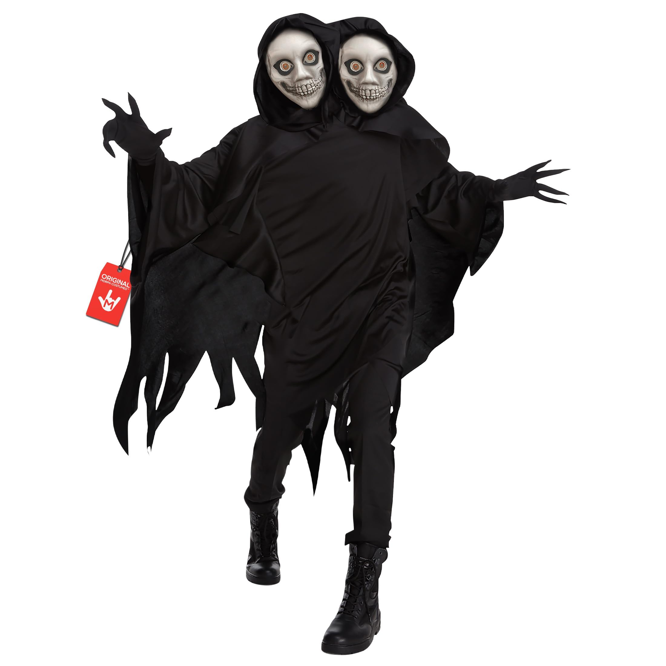 Morph Disfraz Muerte Dos Cabezas Hombre Halloween Túnica Negra Capucha Guantes Puntiagudos Máscara Terror