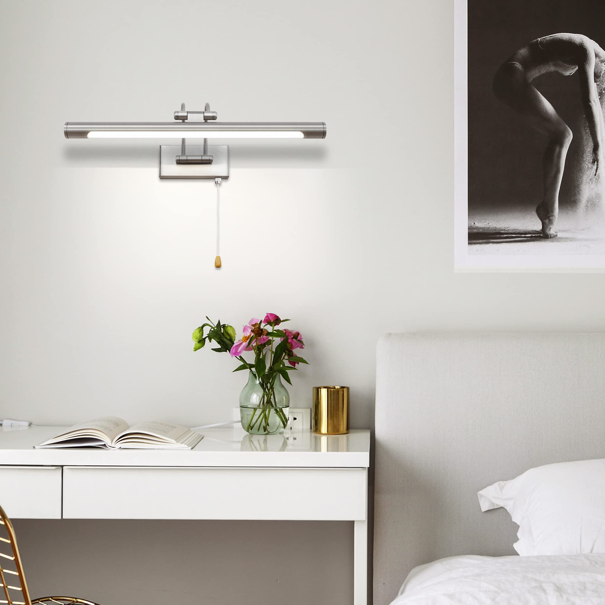 Lámpara LED para Espejo de Baño Níquel 40cm 8W 3000K, Aplique de Pared con Brazo Giratorio e Interruptor, Iluminación para Gabinete