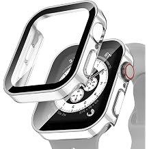Case+Glass for Apple Watch 8 7 45mm 41mm 44mm 40mm Waterproof Screen Protector Accessories Edge Bumper iWatch 4 5 SE 6 Cover Color Silver White, Size 45mm Series 7 8
