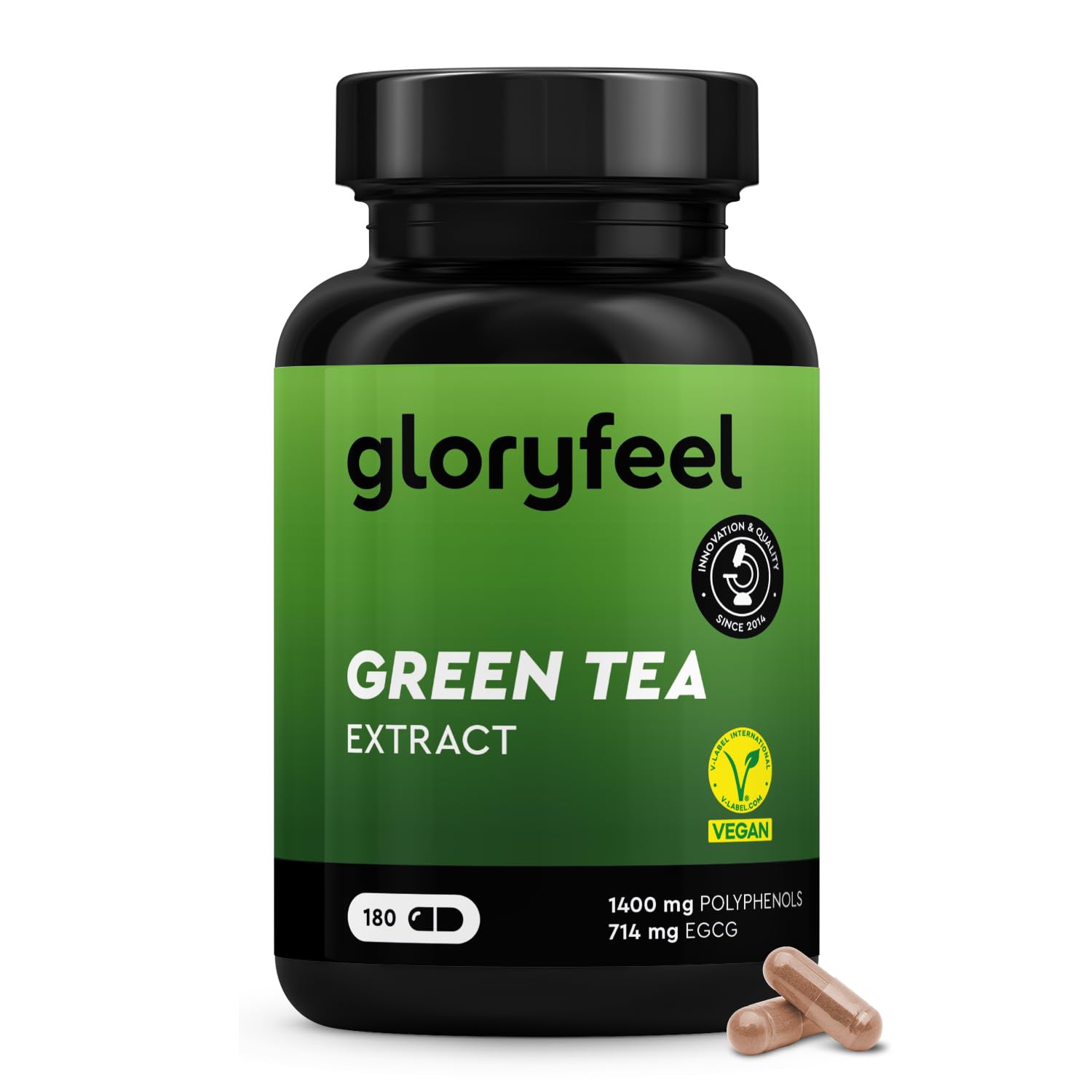 Grüntee Kapseln – 1429 mg Grüntee Extrakt mit 1400 mg Polyphenolen pro Tag – 714 mg EGCG – mit Schwarzem Pfefferextrakt – 180 vegane Kapseln für Sport & Wohlbefinden (3 Stück am Tag) – laborgeprüft
