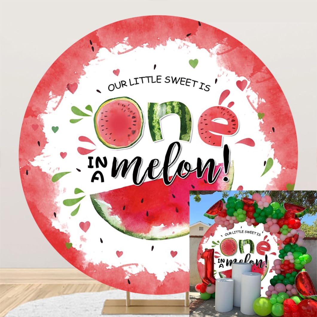 Laeacco 6.5x6.5ft Summer Watermelon Birthday Party Round Backdrop Baby Girl 1st Birthday Photo Background Princess One in a Melon Birthday Arch