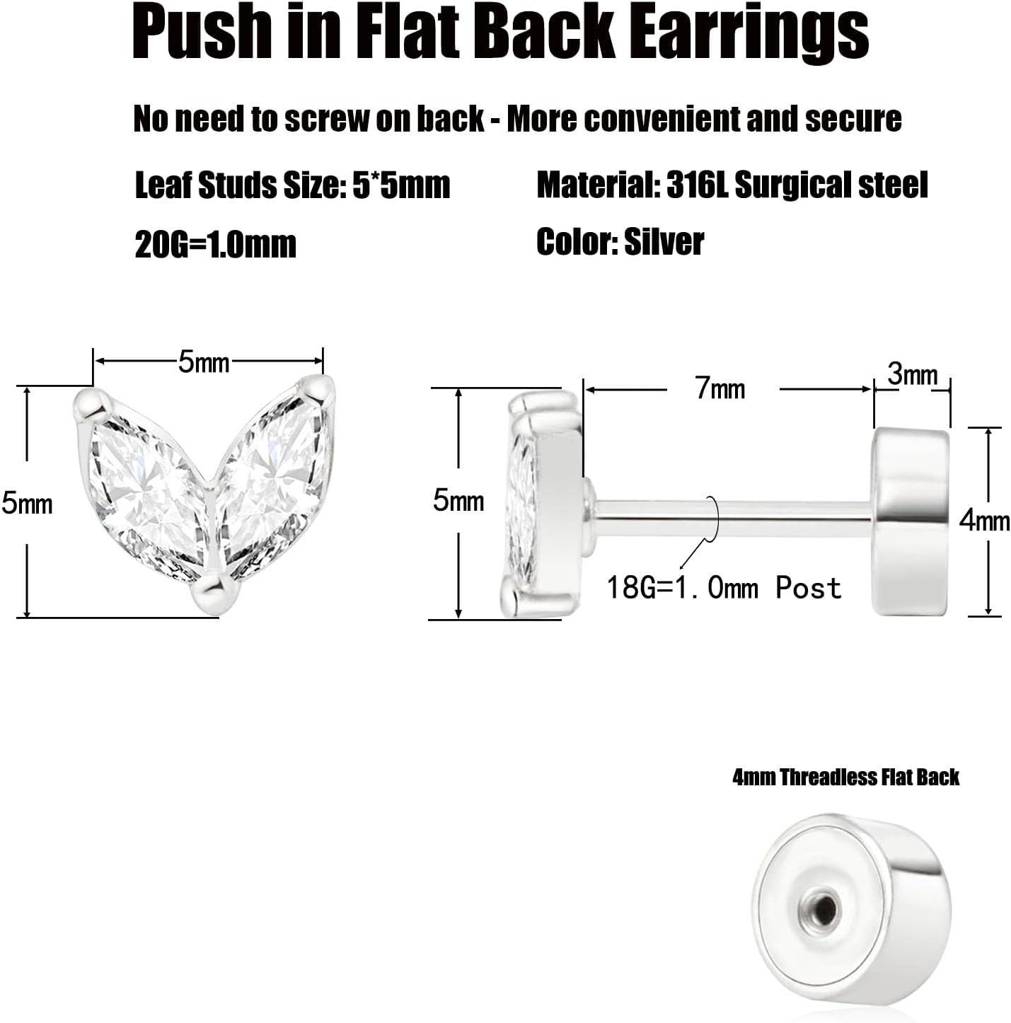 Threadless Flat Back Earrings, Hypoallergenic 14K Real Gold Plated CZ Leaf Stud Earrings | Cartilage Earring | Tragus Helix Piercing Jewelry | Push in Flatback Earrings for Women - Image 5