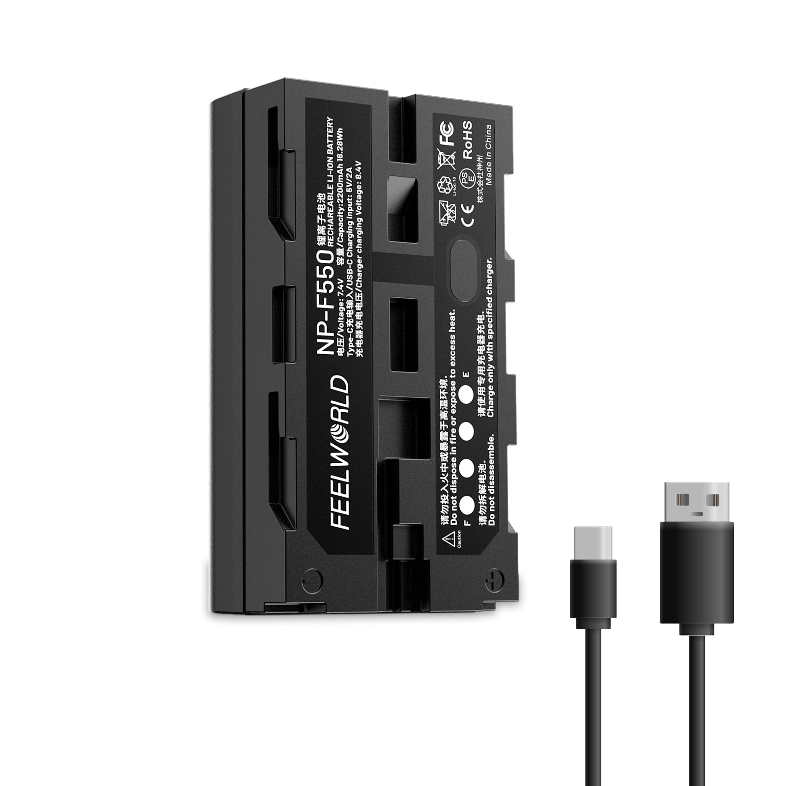 FEELWORLD 1 Pack NP-F550 2200mAh batteria di ricambio di NP-F970 F960 F950 F770 F750 F570 F550, USB-C ricarica rapida ricaricabile per luce video LED, monitor fotocamera, trasmissione wireless