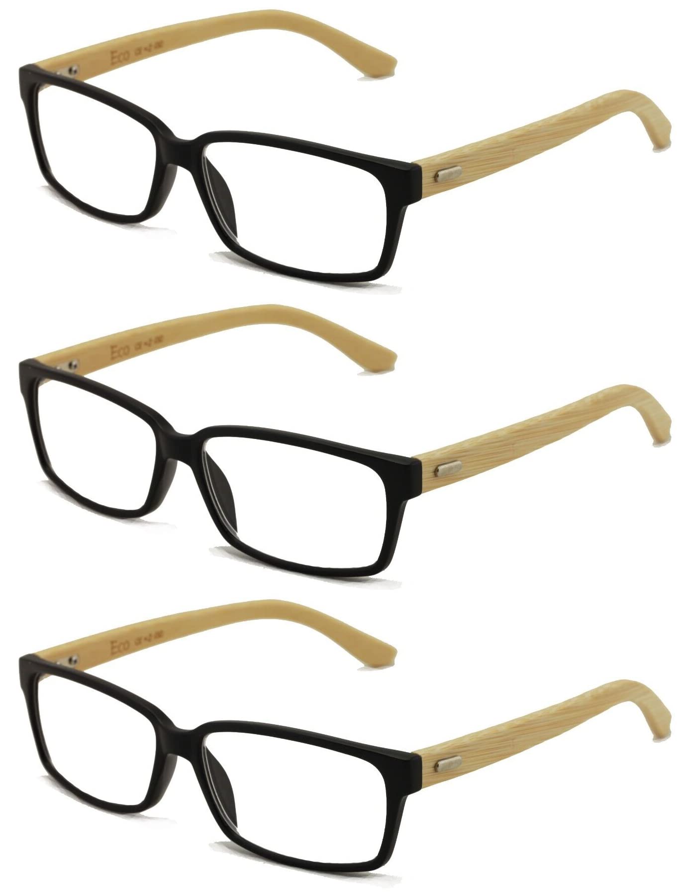 V.W.E. 3 Pairs Genuine Real Bamboo Reading Glasses - Rectangular Modern Readers - Unisex